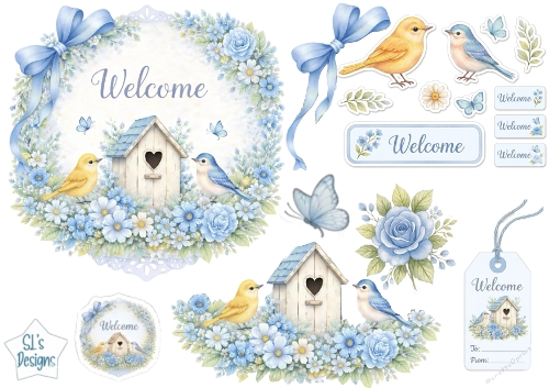 Blue Floral Welcome Topper with Birdhouse, Birds & Tags