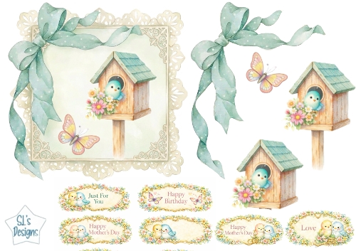 Pastel Birdhouse Floral Topper with Bows, Butterflies & Sentiment Labels 1