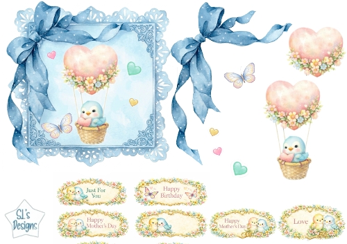 Pastel Balloon Bird Topper with Floral Accents & Sentiment Labels