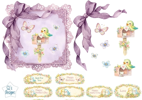 Pastel Bird & Floral Mailbox Topper with Purple Bow & Sentiment Labels 3