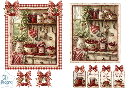 Vintage Cherry Kitchen Scene with Tags & Embellishments