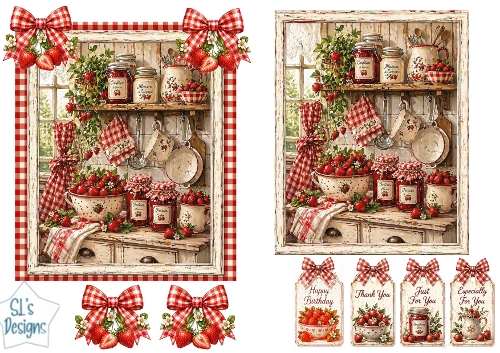 Vintage Strawberry Kitchen Scene with Tags & Embellishments