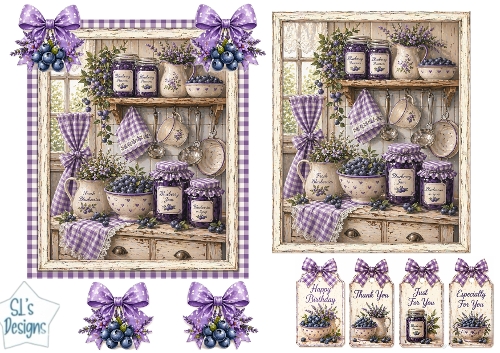 Vintage Blueberry Kitchen Scene with Tags & Embellishments