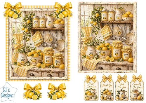 Vintage Lemon Kitchen Scene with Tags & Embellishments