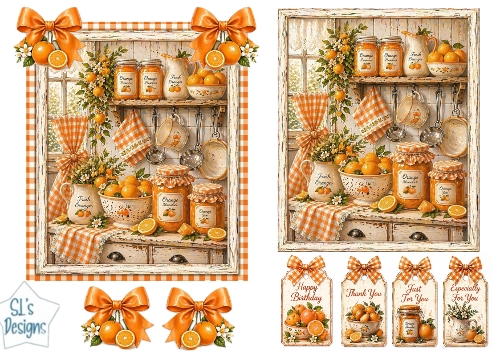 Vintage Orange Kitchen Scene with Tags & Embellishments