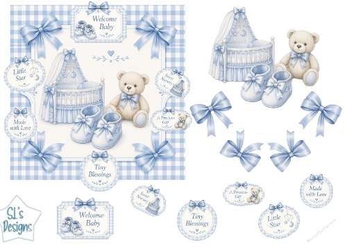Baby Boy Nursery Scene with Teddy, Crib & Sentiment Tags
