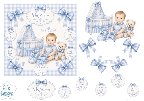 Baby Boy Baptism Scene with Crib, Teddy & Sentiment Tags