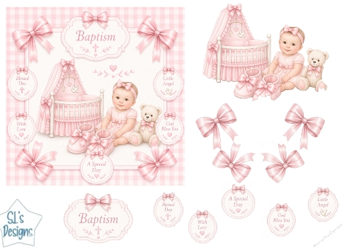 Baby Girl Baptism Scene with Crib, Teddy & Sentiment Tags