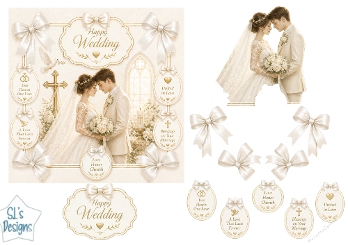 Elegant Wedding Scene with Bride, Groom & Sentiment Tags