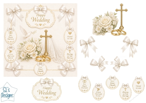 Elegant Wedding Symbols Scene with Rings, Cross, Dove & Sentiment Tags