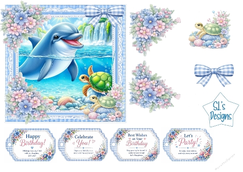 Dolphin & Sea Turtles Card Kit – Ocean Fantasy Scene, Blue Lace Frame & Birthday Tags – Cute Printable