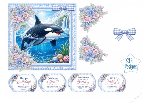 Orca Card Kit – Ocean Fantasy Scene, Blue Lace Frame & Birthday Tags – Marine Printable