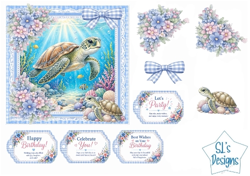 Sea Turtle Card Kit – Underwater Fantasy Scene, Blue Lace Frame & Birthday Tags – Marine Printable