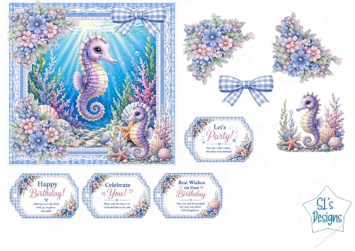 Seahorses Card Kit – Underwater Pastel Scene, Blue Lace Frame & Birthday Tags – Ocean Printable