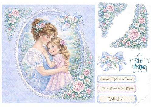 Mother & Child Card Kit – Pastel Floral Frame, Blue Ribbons & Sentiment Labels – Mothers Day Printable