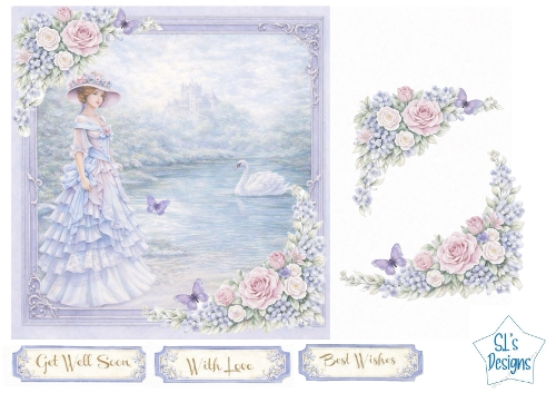 Victorian Lady Card Kit – Swan Lake Scene, Lavender Floral Frame & Sentiment Labels – Elegant Printable