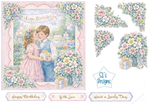 Vintage Children Birthday Card Kit – Pastel Floral Frame, Garden Scene & Sentiment Labels – Cute Printable