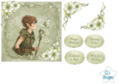 Fantasy Elf Card Kit – Green Floral Frame, Butterfly & Birthday Labels – Magical Printable