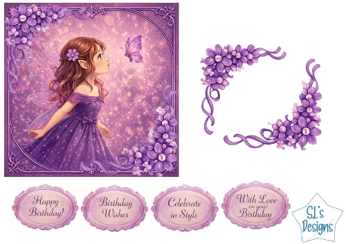 Purple Fairy Card Kit – Magical Butterfly Scene, Floral Frame & Birthday Labels – Fantasy Printable