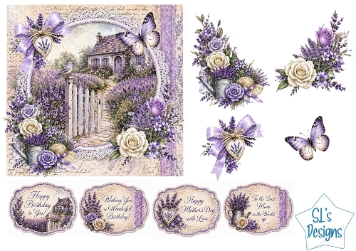 Lavender Cottage Card Kit – Countryside Scene, Floral Accents & Birthday/Mothers Day Labels – Pastel Printable
