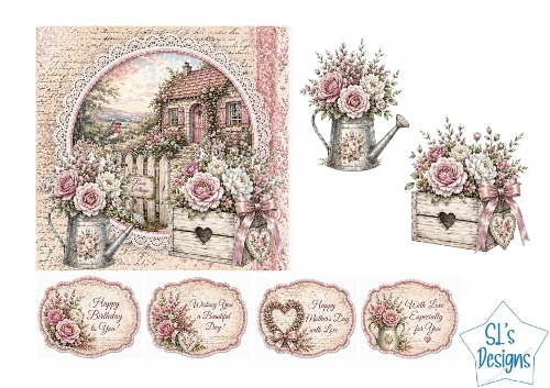 Rose Cottage Card Kit – Vintage Floral Scene, Pastel Roses & Sentiment Labels – Elegant Printable