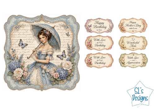 Victorian Lady Card Kit – Blue Floral Frame, Vintage Parasol Scene & Sentiment Labels – Elegant Printable