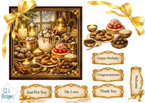 Luxury Hot Chocolate & Winter Sweets Gold Celebration Card Topper