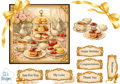 Luxury Vintage Afternoon Tea & Scones Gold Celebration Card Topper