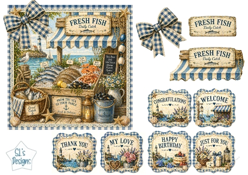Vintage Seaside Fish Market Blue Nautical Card Topper