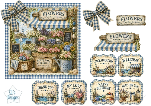 Vintage Seaside Flower Shop Blue Gingham Card Topper
