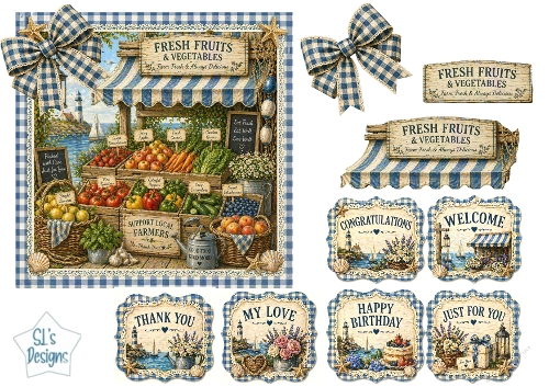 Vintage Seaside Farmers Market Blue Gingham Card Topper