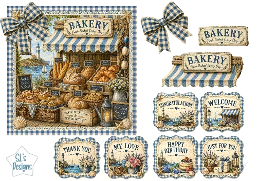 Vintage Seaside Bakery Blue Gingham Fresh Bread Card Topper