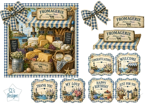 Vintage French Fromagerie Blue Gingham Artisan Cheese Card Topper