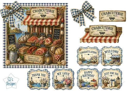 Vintage French Charcuterie Blue Gingham Artisan Meats Card Topper