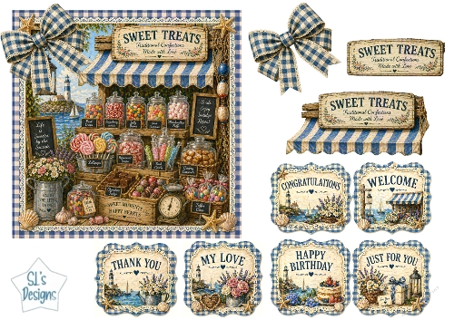 Vintage Seaside Candy Shop Blue Gingham Sweet Treats Card Topper