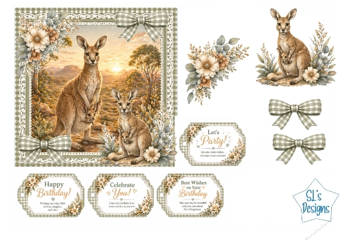 Kangaroo Family Card Kit – Australian Sunset Scene, Green Gingham Frame & Birthday Tags – Cute Printable