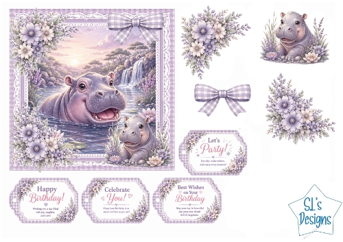 Hippos Card Kit – Pastel River Scene, Lavender Floral Frame & Birthday Tags – Cute Printable