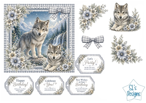 Wolf Cubs Card Kit – Mountain Scene, Blue Gingham Frame & Birthday Tags – Cute Wildlife Printable