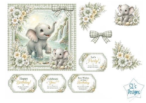 Baby Elephants Card Kit – Waterfall Scene, Blue Gingham Frame & Birthday Tags – Cute Printable