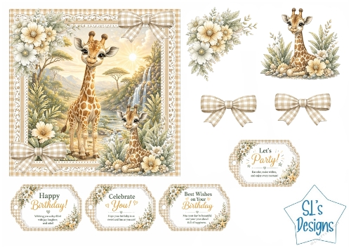 Giraffes Card Kit – Pastel Savannah Scene, Beige Gingham Frame & Birthday Tags – Cute Printable