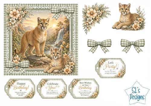 Mountain Lions Card Kit – Sunset Mountain Scene, Green Gingham Frame & Birthday Tags – Wildlife Printable