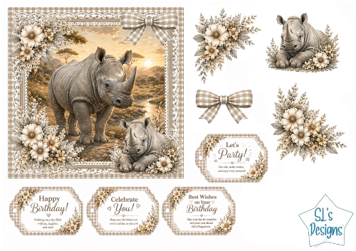 Rhinos Card Kit – Sunset Savannah Scene, Green Gingham Frame & Birthday Tags – Wildlife Printable