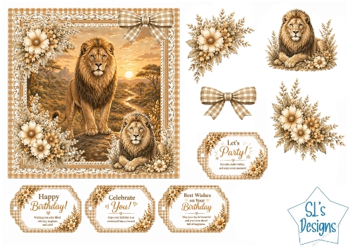 Lions Card Kit – Sunset Savannah Scene, Sepia Gingham Frame & Birthday Tags – Wildlife Printable