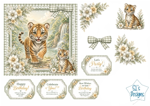 Tiger Cubs Card Kit – Waterfall Scene, Green Gingham Frame & Birthday Tags – Wildlife Printable