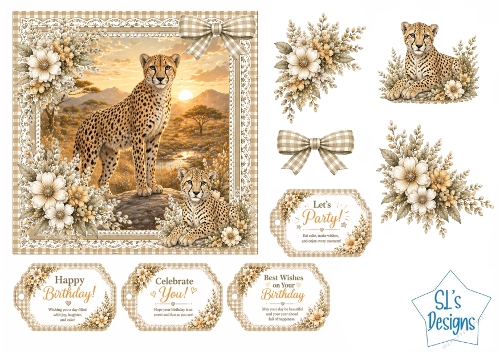 Cheetahs Card Kit – Sunset Savannah Scene, Beige Gingham Frame & Birthday Tags – Wildlife Printable