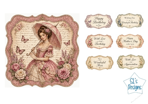 Victorian Lady Card Kit – Pink Gown, Floral Frame & Birthday/Mothers Day Labels – Elegant Printable