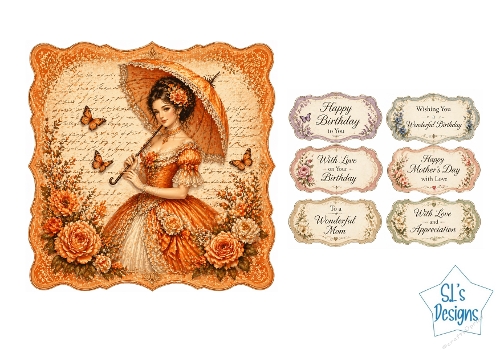 Victorian Lady Card Kit – Orange Gown, Floral Frame & Birthday/Mothers Day Labels – Elegant Printable