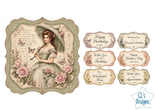 Victorian Lady Card Kit – Green & Cream Gown, Floral Frame & Birthday/Mothers Day Labels – Elegant Printable
