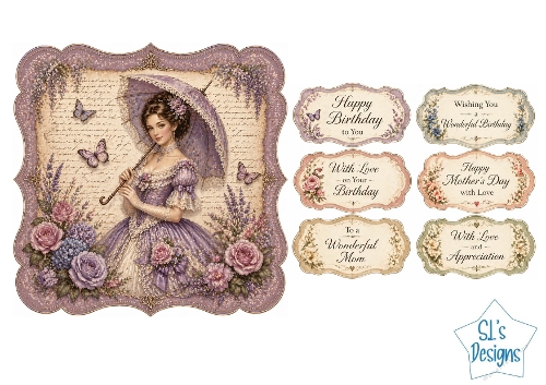 Victorian Lady Card Kit – Lavender Gown, Floral Frame & Birthday/Mothers Day Labels – Elegant Printable
