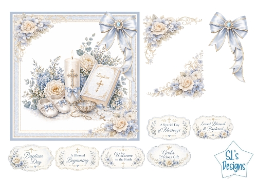 Baptism Card Kit – Blue Candle, Baby Shoes & Floral Frame – Religious Labels Printable